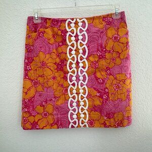 Lilly Pulitzer Skirt 6 Pink/Orange Cotton Elephant Hibiscus 18" Grannycore Beach